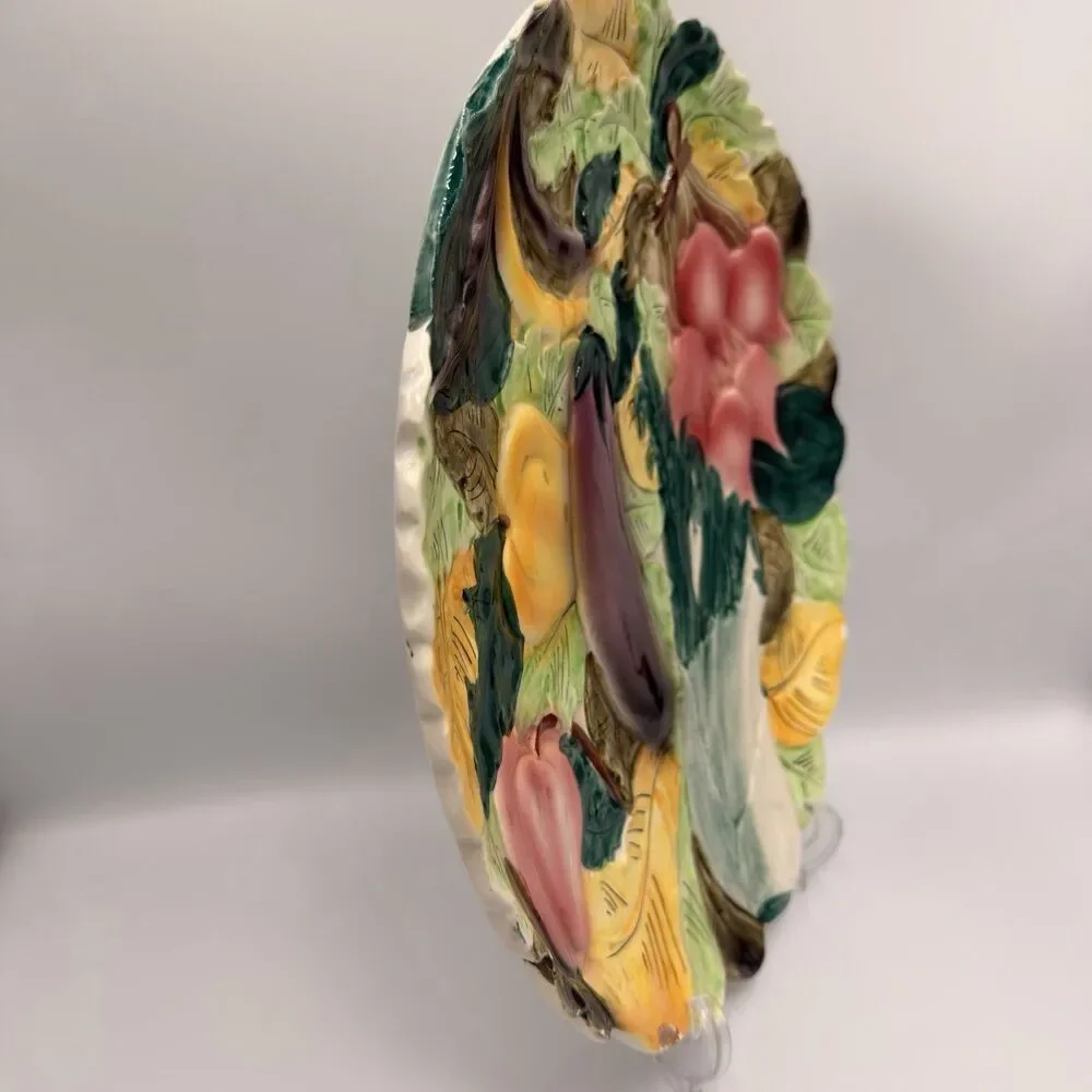 Vintage Italy Majolica Vegetable Wall Platter 13” Eggplant Radish Celery Relief